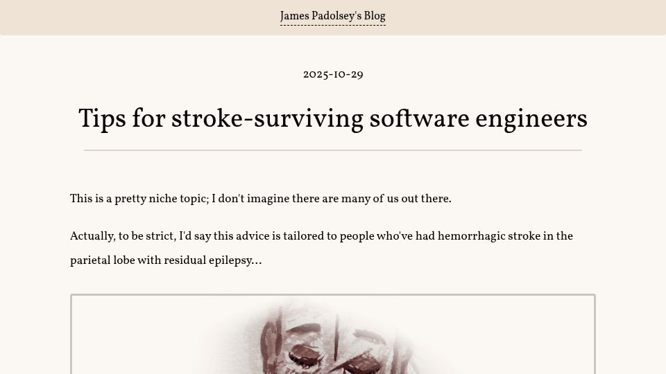 Screenshot of blog.j11y.io: Tips for stroke-surviving software engineers