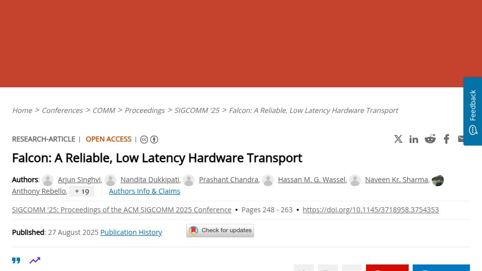 Screenshot of dl.acm.org: Falcon: A Reliable, Low Latency Hardware Transport