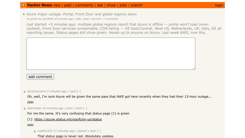 Screenshot of Hacker News post: Azure major outage: Portal, Front Door and global regions down