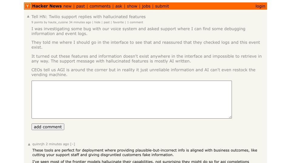 Screenshot of Hacker News post: Tell HN: Twilio support replies with hallucinated features