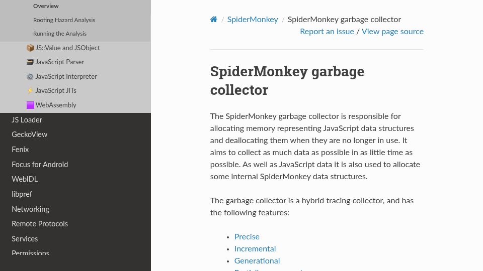 Screenshot of firefox-source-docs.mozilla.org: SpiderMonkey Garbage Collector