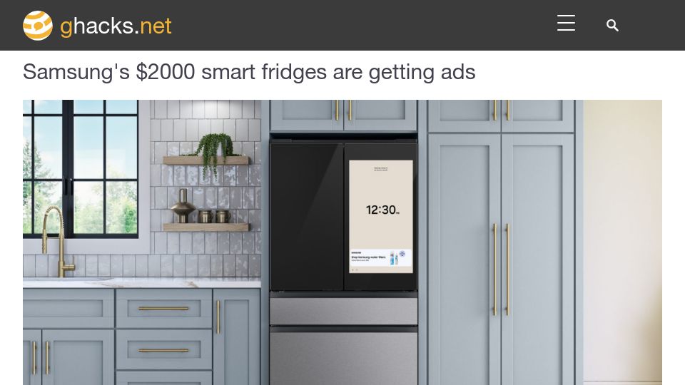 Screenshot of ghacks.net: Samsung's $2000 smart fridges are getting ads