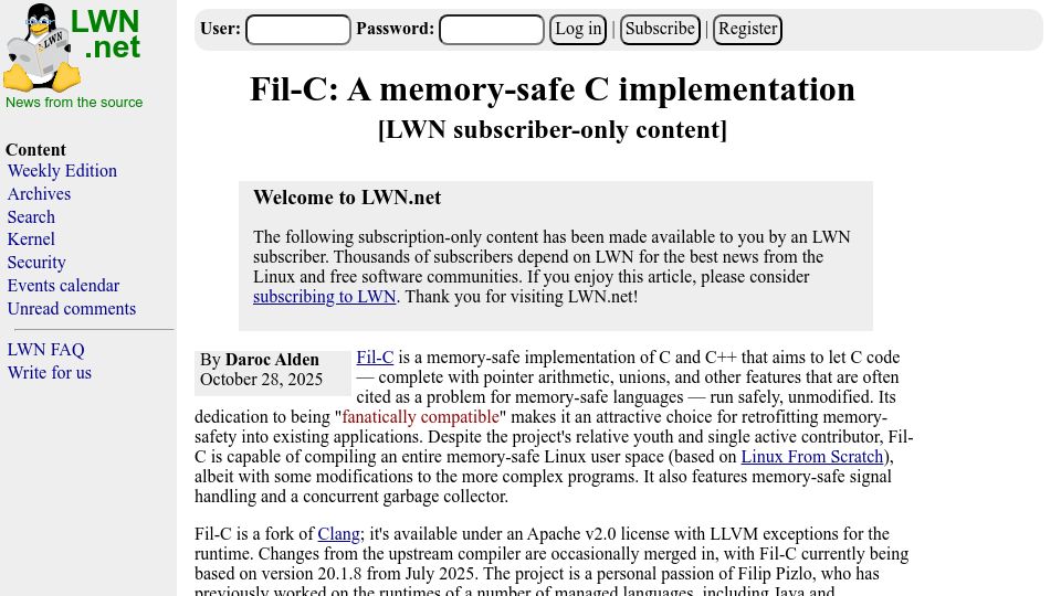 Screenshot of lwn.net: Fil-C: A memory-safe C implementation