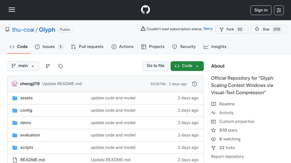 Screenshot of github.com: Glyph: Scaling Context Windows via Visual-Text Compression