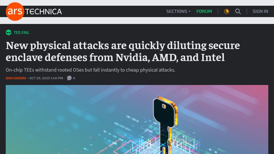 Screenshot of arstechnica.com: New attacks are diluting secure enclave defenses from Nvidia, AMD, and Intel
