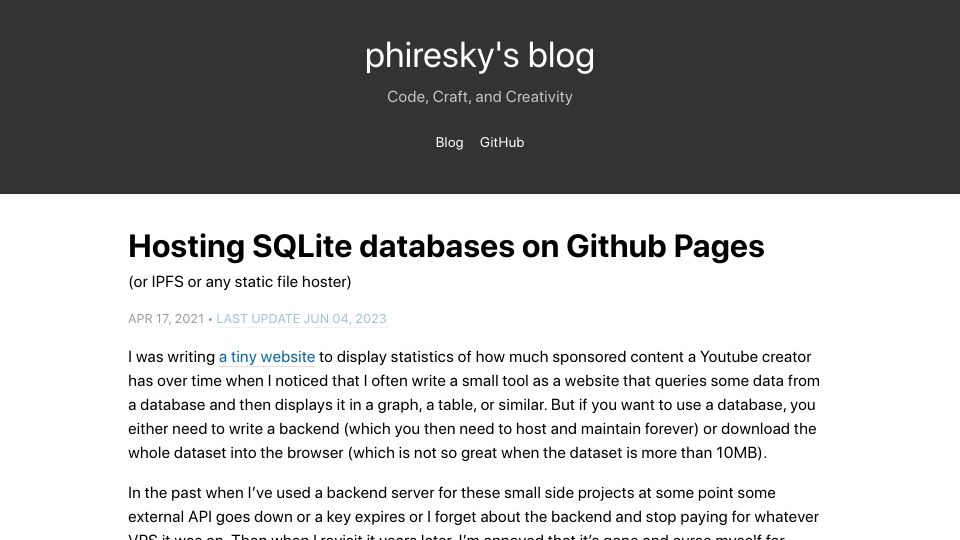 Screenshot of phiresky.github.io: Hosting SQLite Databases on GitHub Pages (2021)