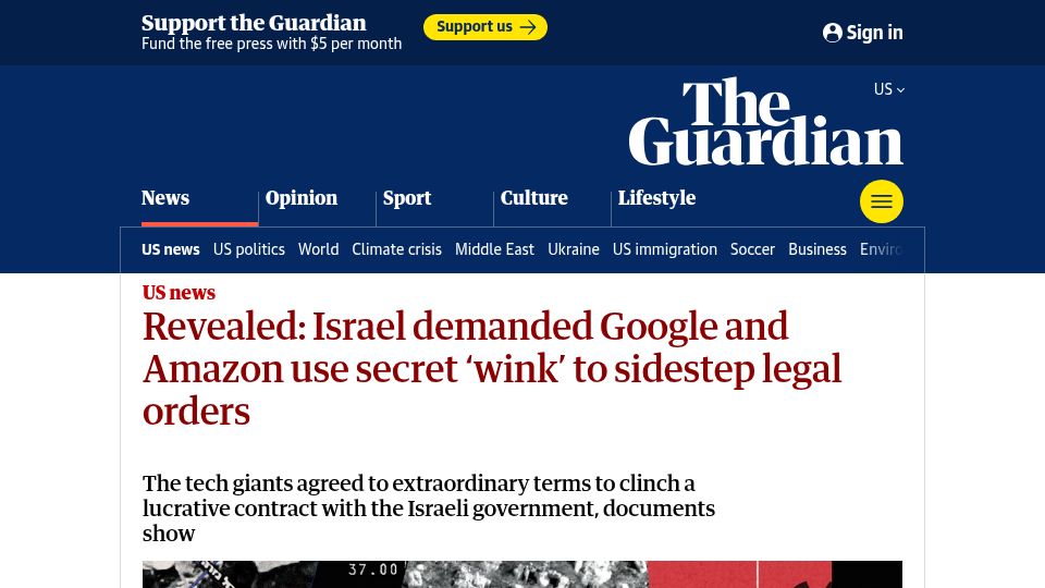Screenshot of theguardian.com: Israel demanded Google and Amazon use secret 'wink' to sidestep legal orders