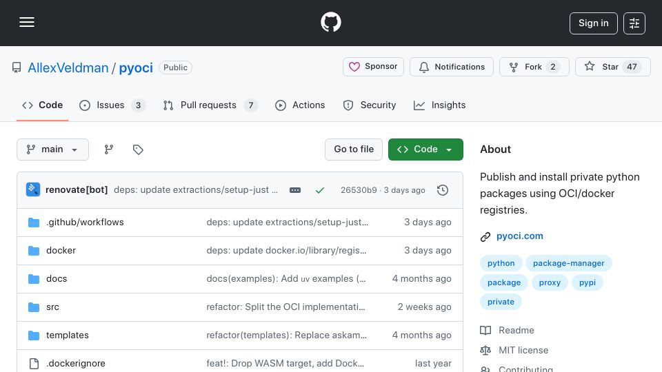 Screenshot of github.com: PyOCI – Publish and install private Python packages using OCI/Docker registries