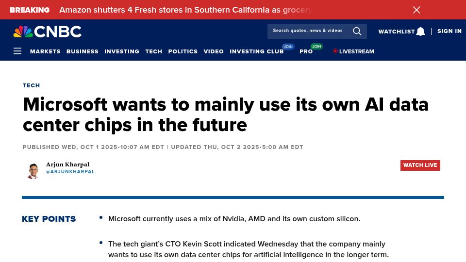Screenshot of cnbc.com: Microsoft CTO says he wants to swap most AMD and Nvidia GPUs for homemade chips