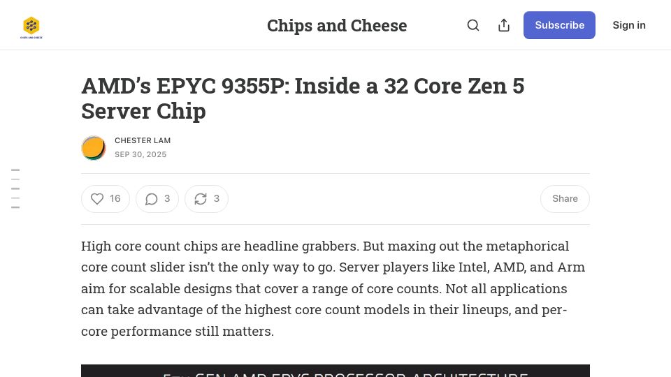 Screenshot of chipsandcheese.com: AMD's EPYC 9355P: Inside a 32 Core Zen 5 Server Chip