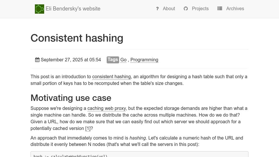 Screenshot of eli.thegreenplace.net: Consistent hashing
