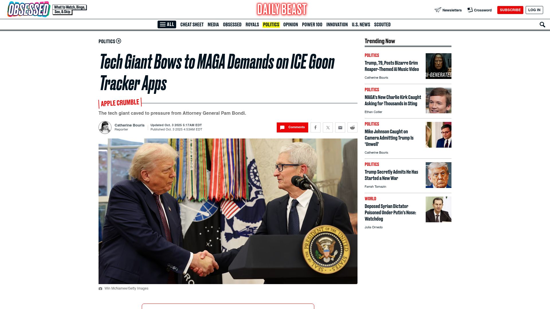 Screenshot of thedailybeast.com: Tech Giant Bows to MAGA Demands on ICE Goon Tracker Apps