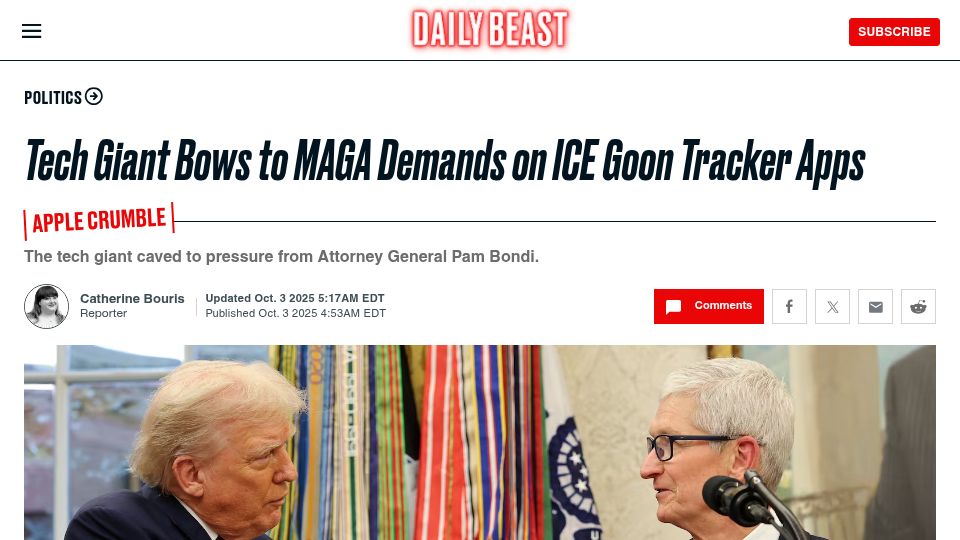 Screenshot of thedailybeast.com: Tech Giant Bows to MAGA Demands on ICE Goon Tracker Apps