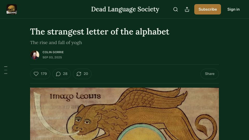 Screenshot of deadlanguagesociety.com: The strangest letter of the alphabet: The rise and fall of yogh