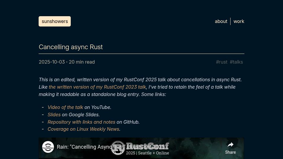 Screenshot of sunshowers.io: Cancellations in async Rust