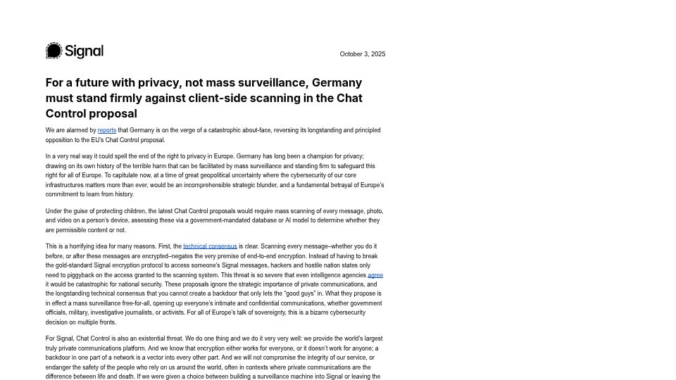 Screenshot of signal.org: Germany must stand firmly against client-side scanning in Chat Control [pdf]