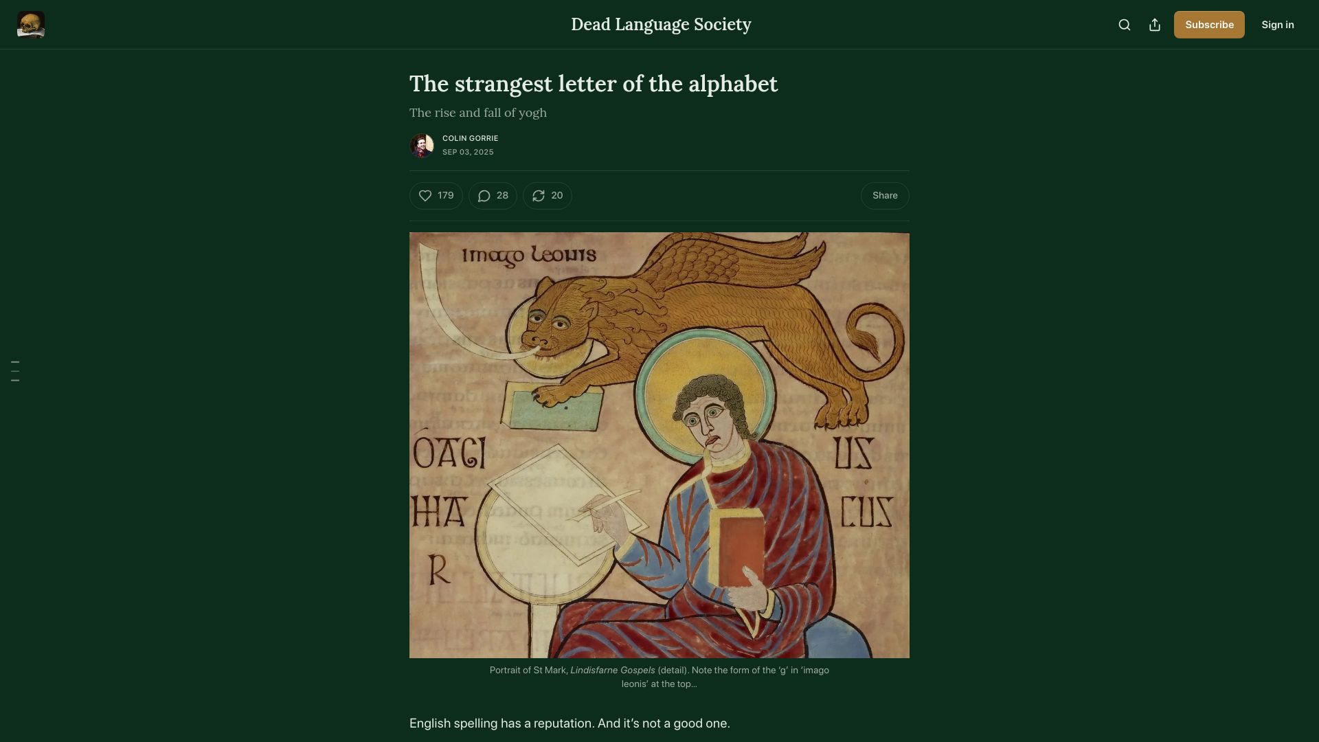 Screenshot of deadlanguagesociety.com: The strangest letter of the alphabet: The rise and fall of yogh