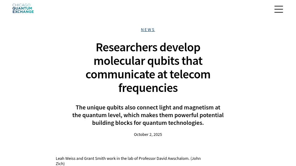 Screenshot of chicagoquantum.org: Researchers develop molecular qubits that communicate at telecom frequencies