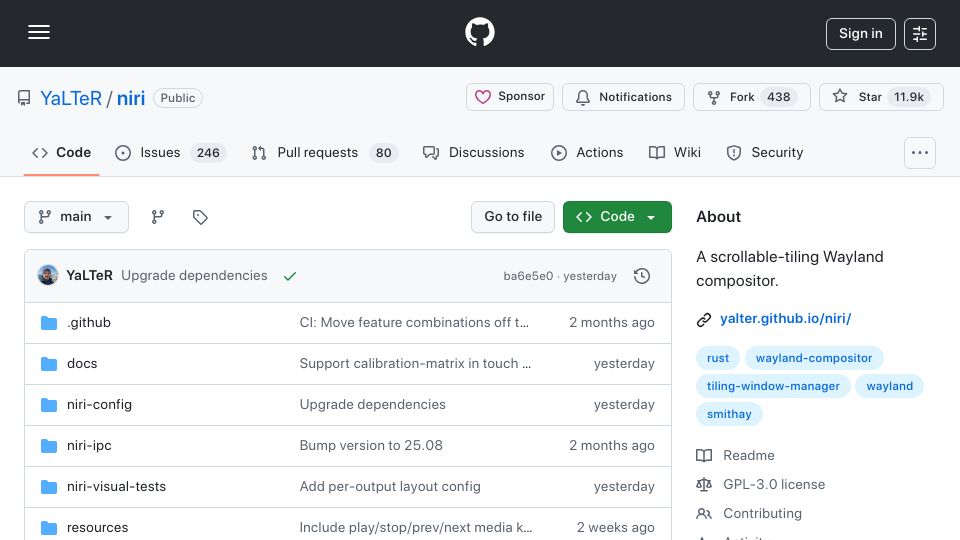 Screenshot of github.com: Niri – A scrollable-tiling Wayland compositor