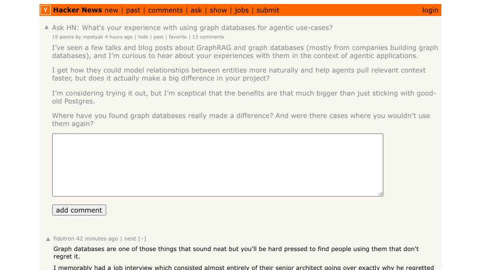 Screenshot of Hacker News post: Ask HN: What's your experience with using graph databases for agentic use-cases?