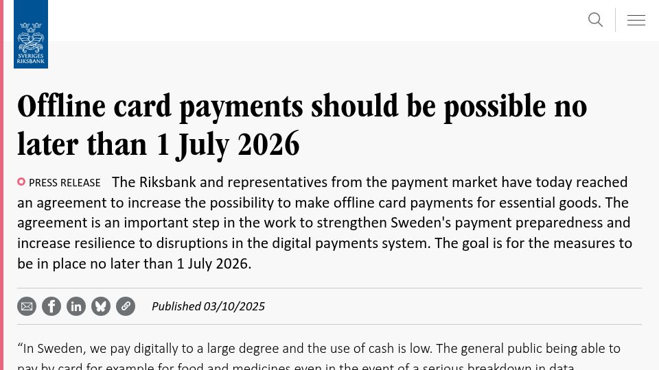 Screenshot of riksbank.se: Offline card payments should be possible no later than 1 July 2026