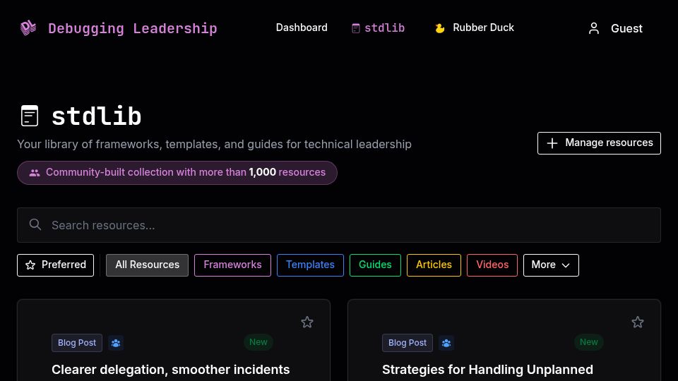 Screenshot of debuggingleadership.com: Stdlib: A library of frameworks, templates, and guides for technical leadership