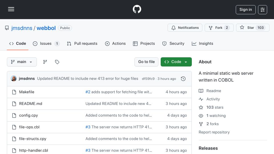 Screenshot of github.com: Webbol: A minimal static web server written in COBOL