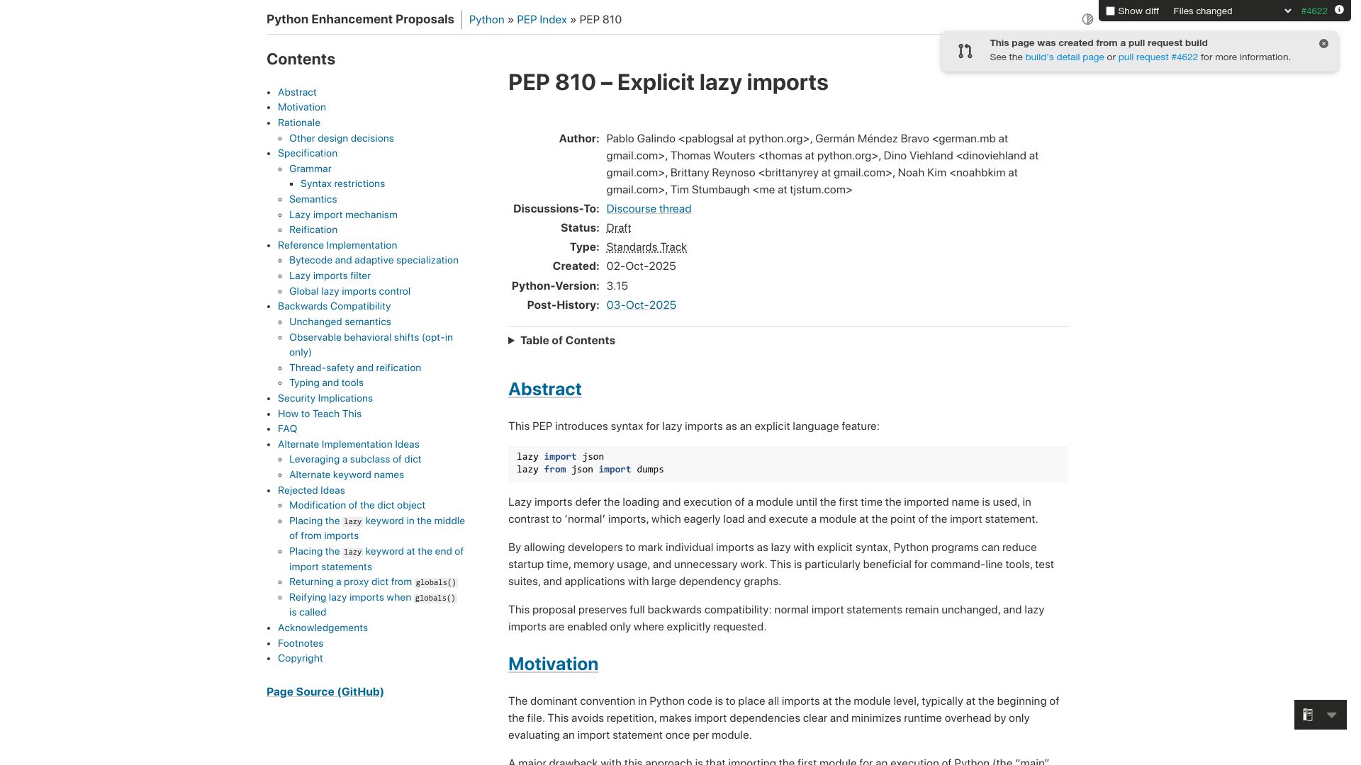 Screenshot of peps.python.org: PEP 810 – Explicit lazy imports