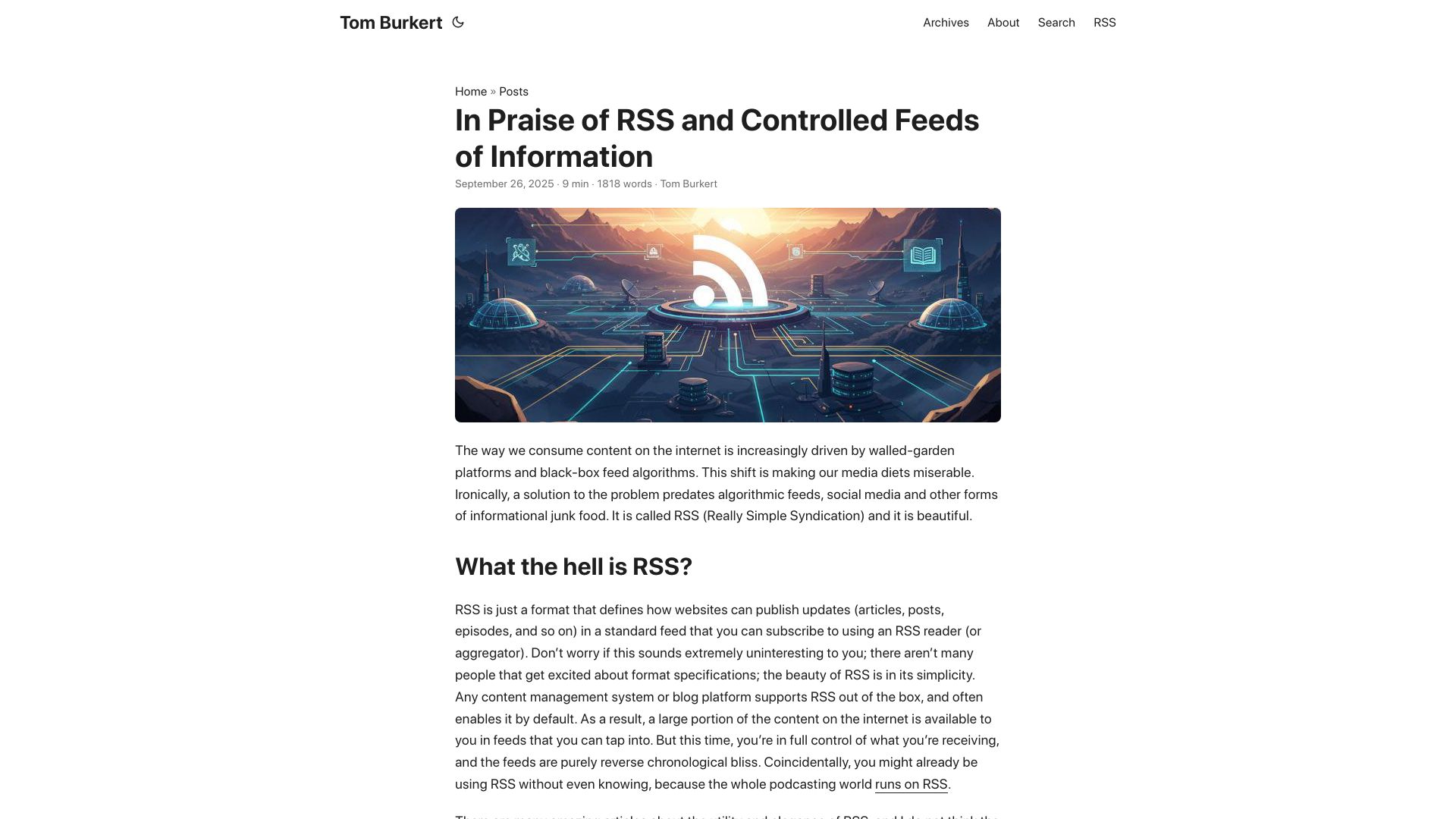 Screenshot of blog.burkert.me: In Praise of RSS and Controlled Feeds of Information