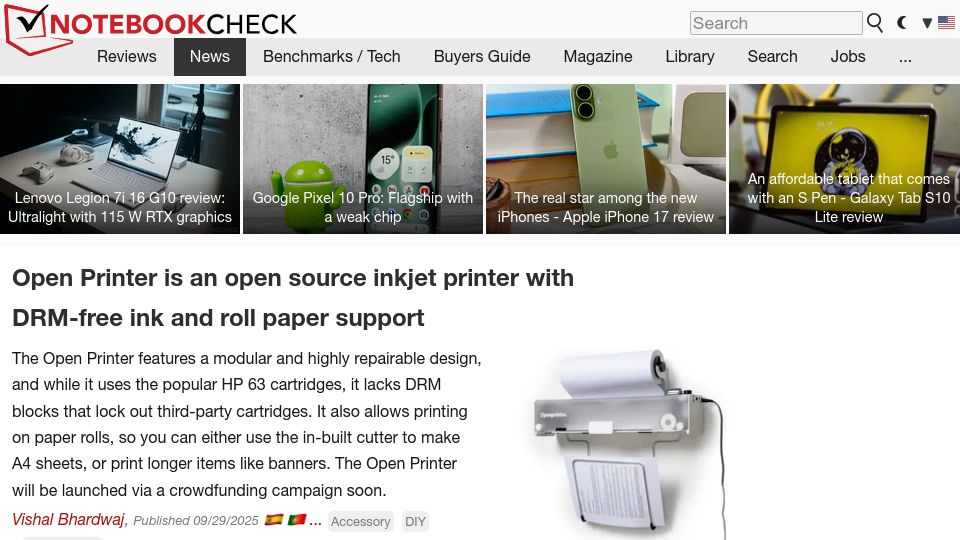 Screenshot of notebookcheck.net: Open Printer – Inkjet printer with DRM-free ink