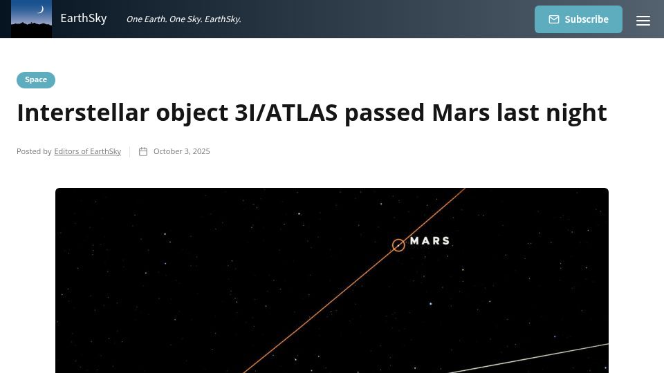 Screenshot of earthsky.org: Interstellar Object 3I/Atlas Passed Mars Last Night