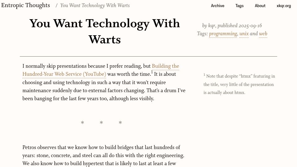 Screenshot of entropicthoughts.com: You Want Technology with Warts