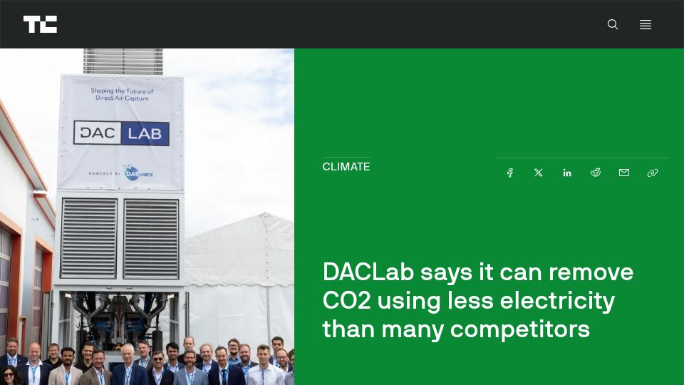 Screenshot of techcrunch.com: DACLab says it can remove CO2 using less electricity than many competitors