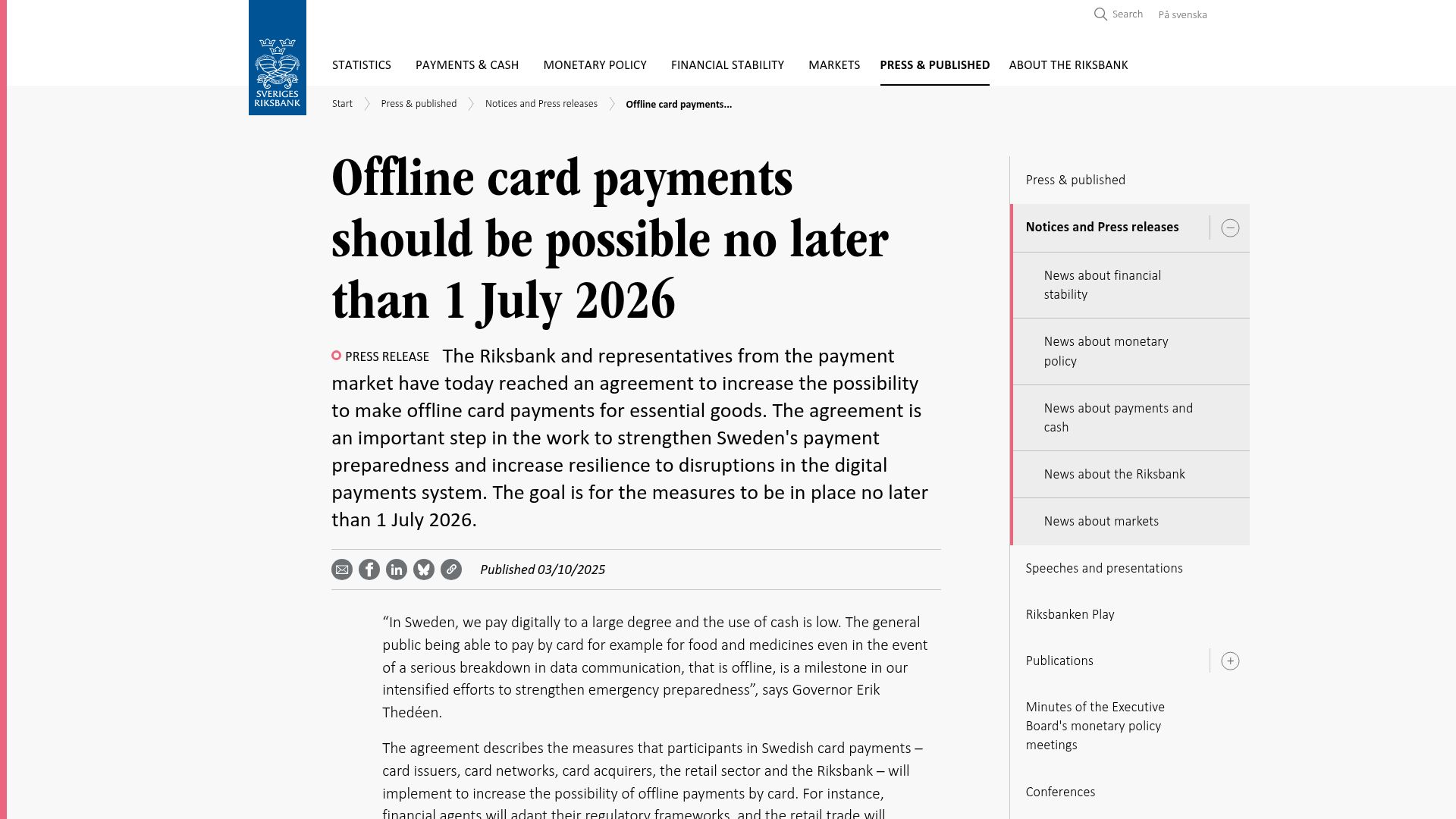 Screenshot of riksbank.se: Offline card payments should be possible no later than 1 July 2026