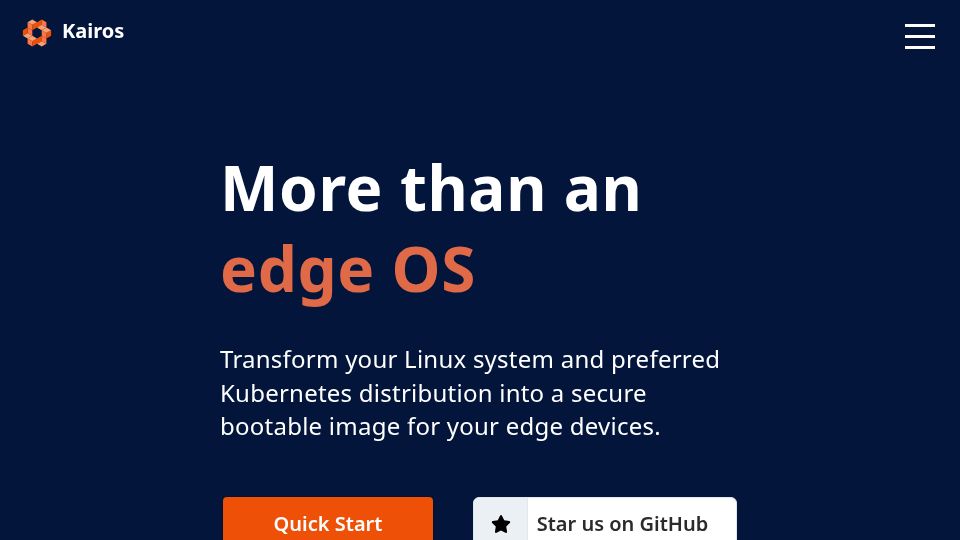 Screenshot of kairos.io: Kairos: Immutable Distro for K8s at the Edge