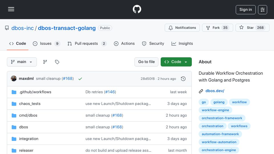 Screenshot of github.com: Dbos: Durable Workflow Orchestration with Go and PostgreSQL