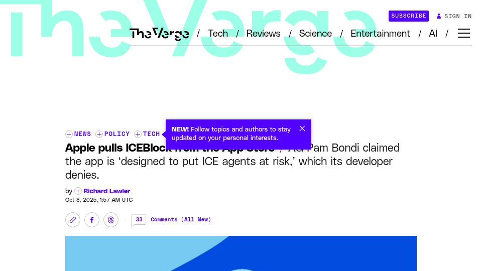 Screenshot of theverge.com: Apple Pulls ICEBlock from the App Store