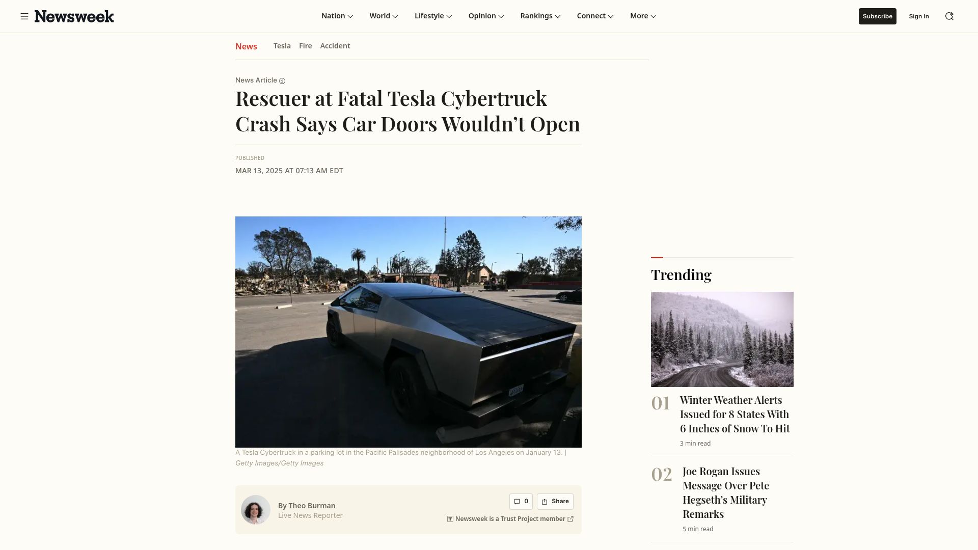Screenshot of newsweek.com: Rescuer at Fatal Tesla Cybertruck Crash Says Car Doors Wouldn't Open