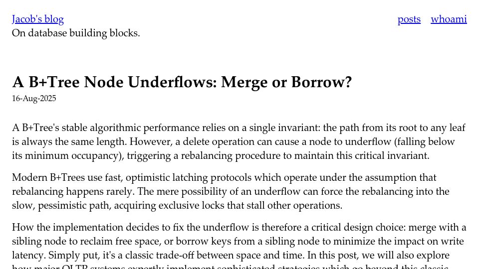 Screenshot of jacobsherin.com: A B+ tree node underflows: merge or borrow?