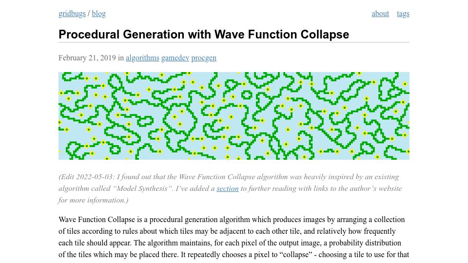 Screenshot of gridbugs.org: Procedural generation with Wave Function Collapse (2019)