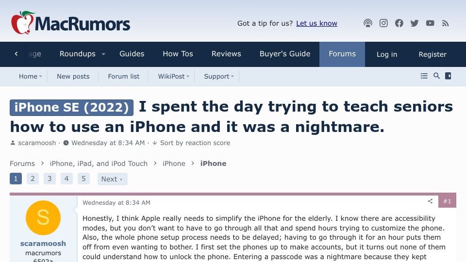 Screenshot of forums.macrumors.com: I spent the day teaching seniors how to use an iPhone