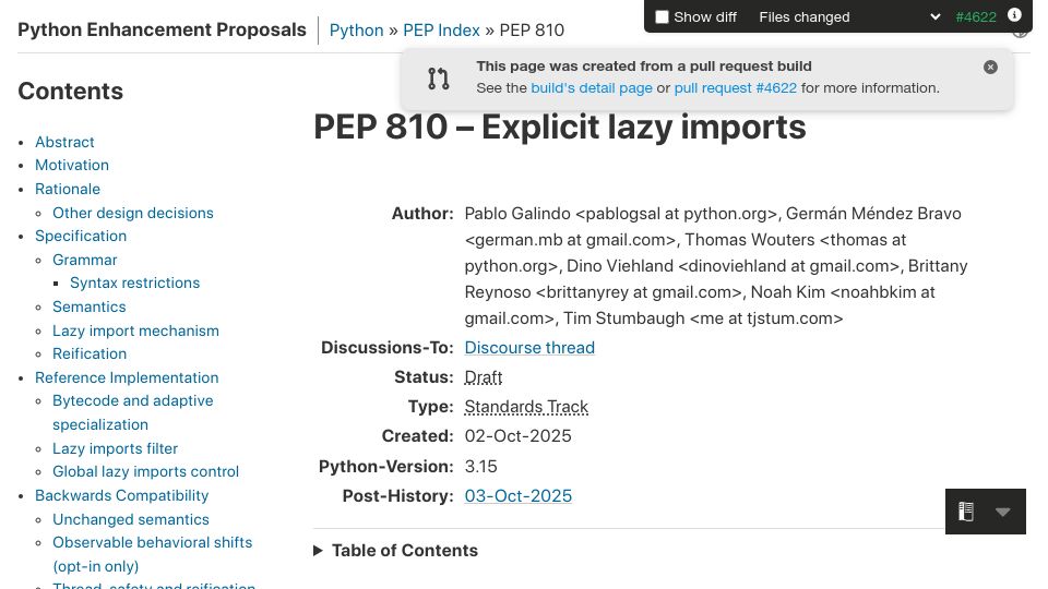 Screenshot of peps.python.org: PEP 810 – Explicit lazy imports