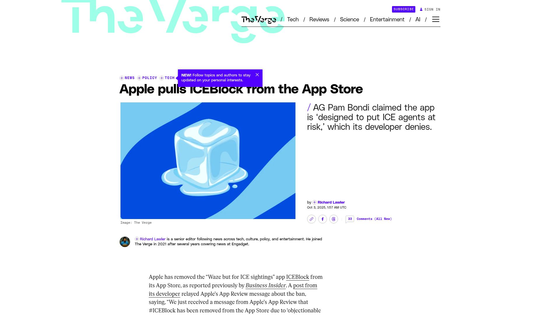 Screenshot of theverge.com: Apple Pulls ICEBlock from the App Store