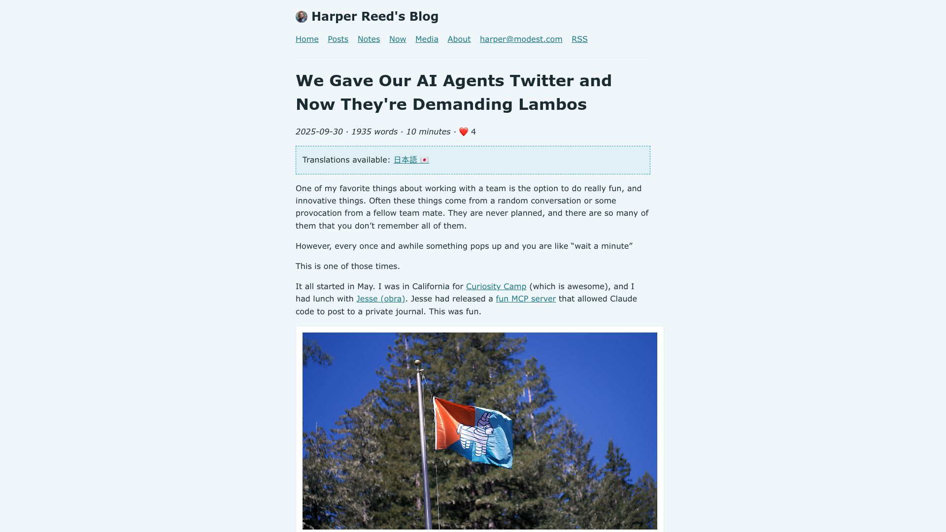 Screenshot of harper.blog: We Gave Our AI Agents Twitter and Now They're Demanding Lambos