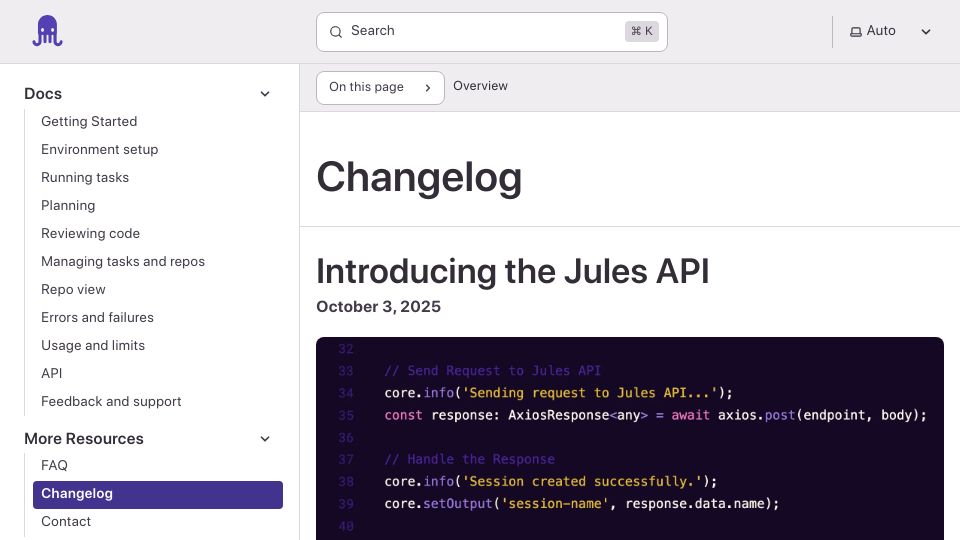 Screenshot of jules.google: Jules, remote coding agent from Google Labs, announces API