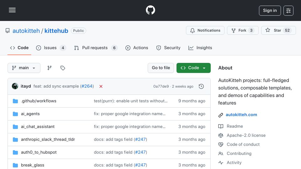 Screenshot of github.com: KitteHub: Workflow as Python code using AutoKitteh