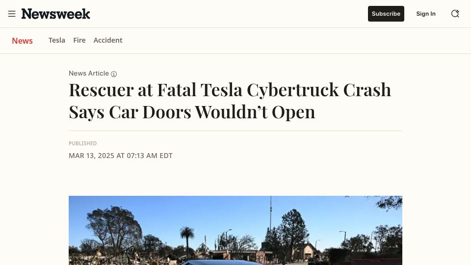 Screenshot of newsweek.com: Rescuer at Fatal Tesla Cybertruck Crash Says Car Doors Wouldn't Open