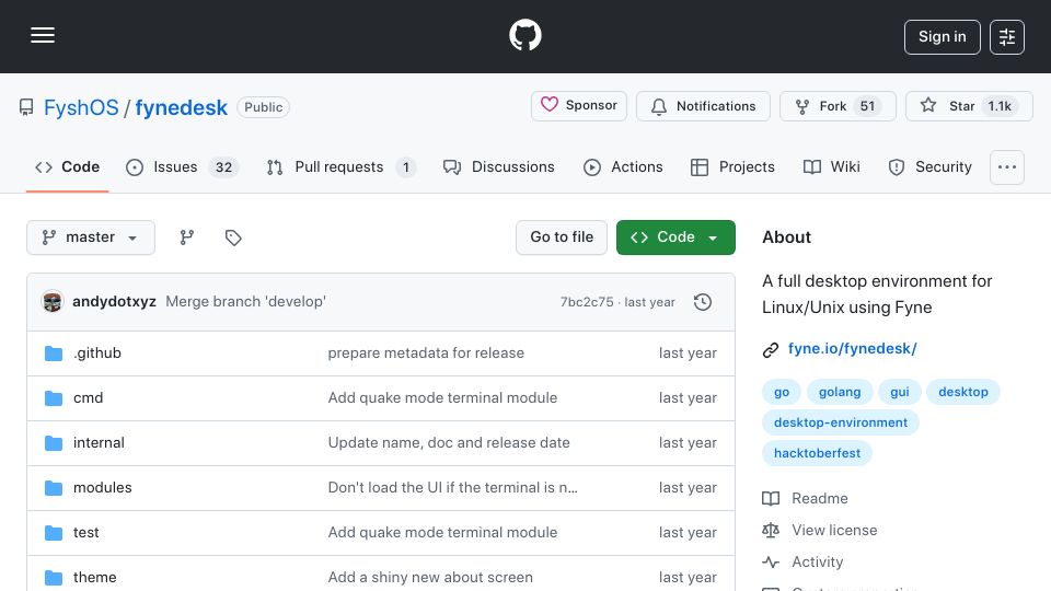 Screenshot of github.com: FyneDesk: A full desktop environment for Linux written in Go