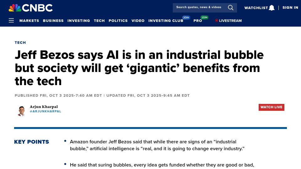 Screenshot of cnbc.com: Jeff Bezos says AI is in a bubble but society will get 'gigantic' benefits