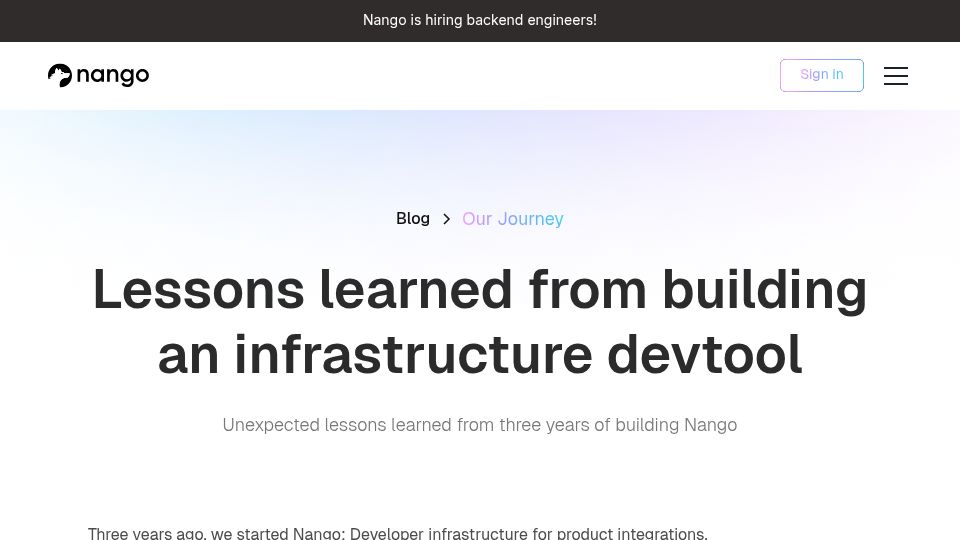 Screenshot of nango.dev: Lessons learned from building an infrastructure devtool